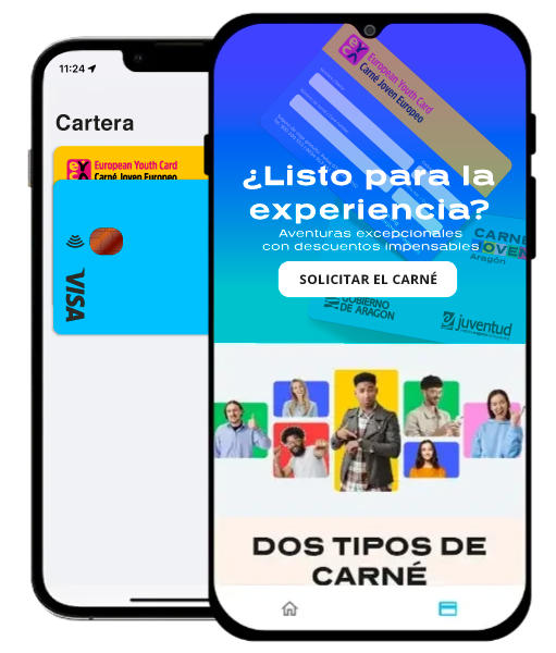 Interfaz de la app de Carné Joven en dos smartphones